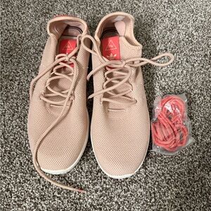 adidas Women’s Hu Knit Sneakers in Blush Pink with Coral Laces